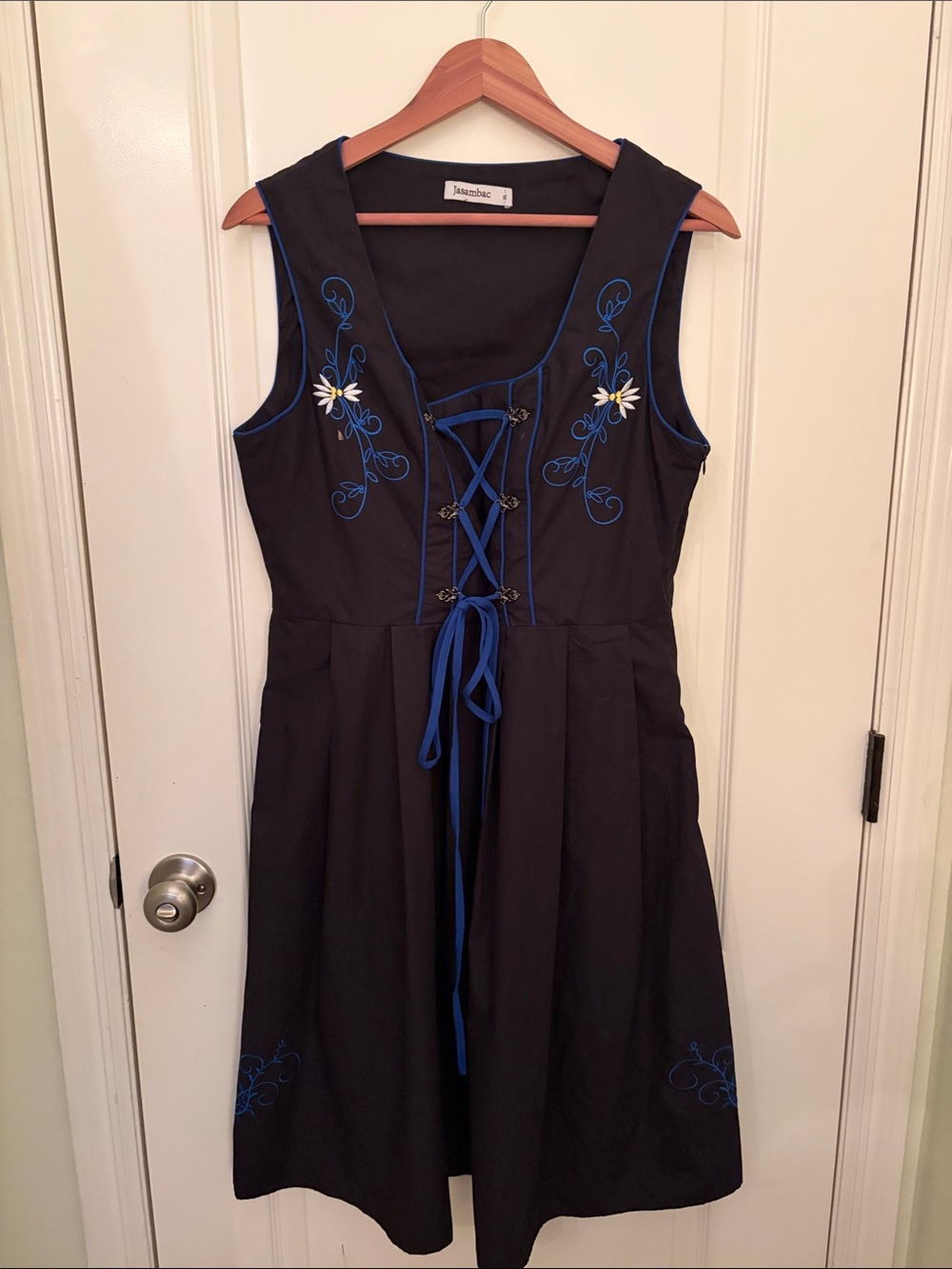 Jasambac German Dirndl -Black Dress with Blue Embroidery and Lace-Up Detail-XL